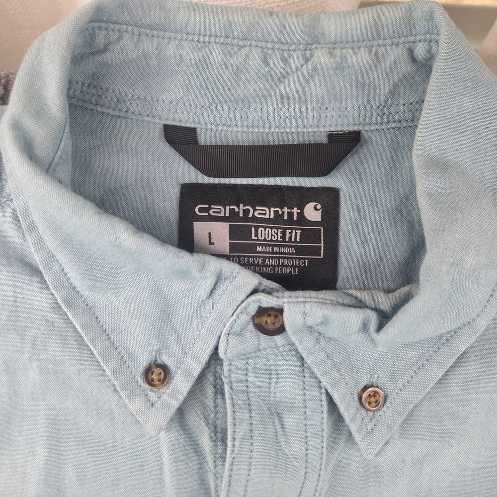 Carhartt Button‎ Down Shirt Mens Large L Blue Short Sleeve Loose Fit Cotton